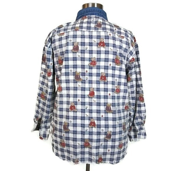 Button Down Plaid Bear Print 100% Cotton Blouse Woman's Sz 22 - Picture 4 of 6